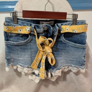 Superdry Blue Jean Shorts with Yellow Floral Belt